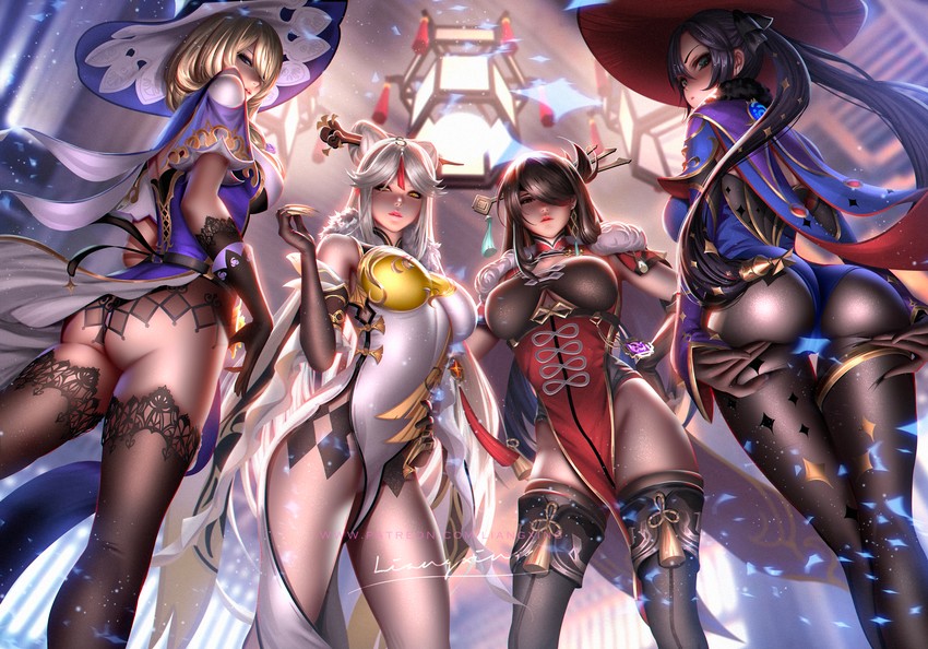 mona, ningguang, lisa, and beidou (genshin impact) drawn by liang_xing