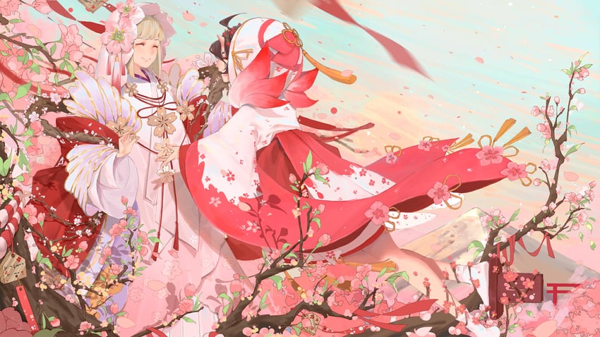 momo no sei and sakura no sei (onmyoji) drawn by yi_er_san