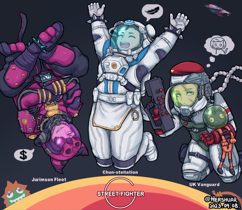 chun-li, cammy white, han juri, blanka, and blanka-chan (street fighter and 2 more) drawn by hershuar