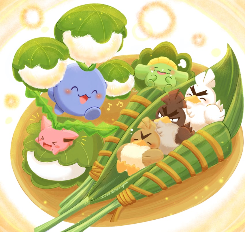 hoppip, sirfetch'd, jumpluff, farfetch'd, and galarian farfetch'd (pokemon) drawn by shuri_(syurigame)