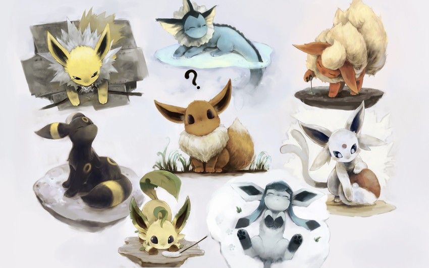eevee, umbreon, glaceon, vaporeon, espeon, and 3 more (pokemon) drawn by paprika_shikiso