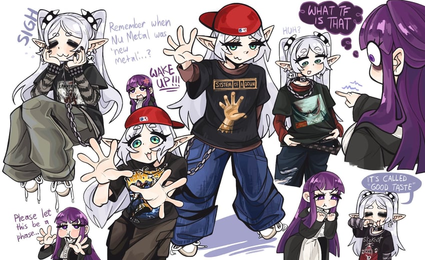 frieren, fern, and fred durst (sousou no frieren and 6 more) drawn by kecchi0