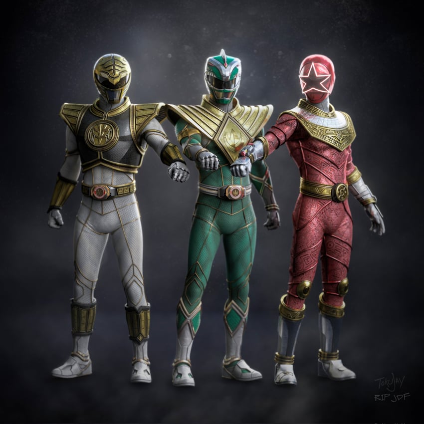 dragon ranger, mighty morphin green ranger, kiba ranger, mighty morphin white ranger, oh red, and 3 more (super sentai and 6 more) drawn by tokujay