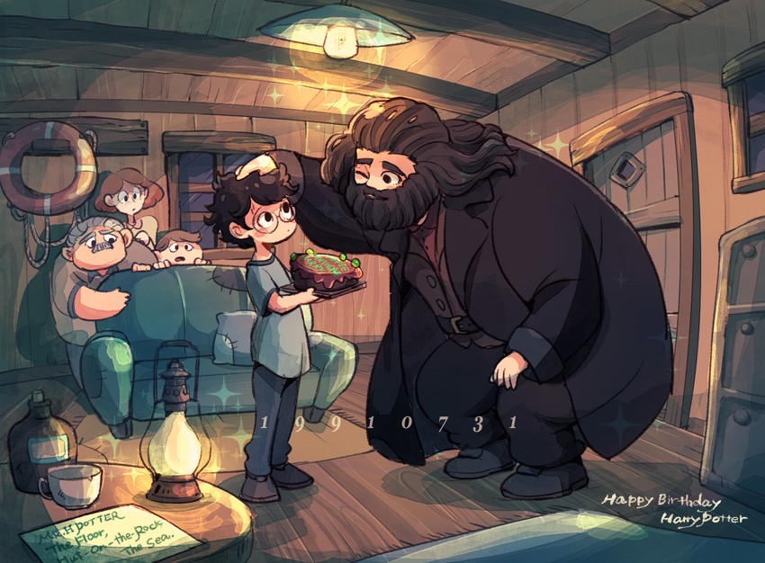 harry potter, rubeus hagrid, petunia dursley, dudley dursley, and vernon dursley (wizarding world and 2 more) drawn by amazou