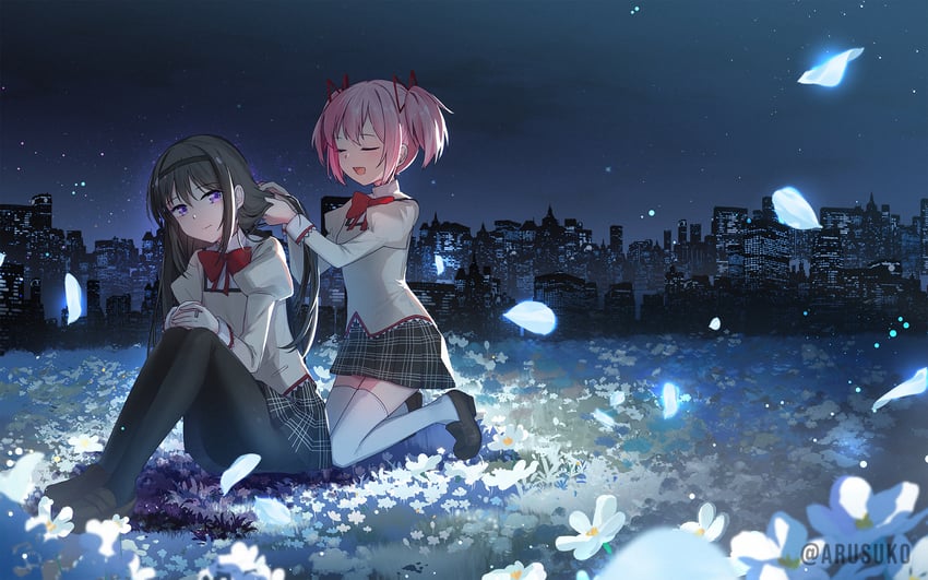 akemi homura and kaname madoka (mahou shoujo madoka magica) drawn by arusuko