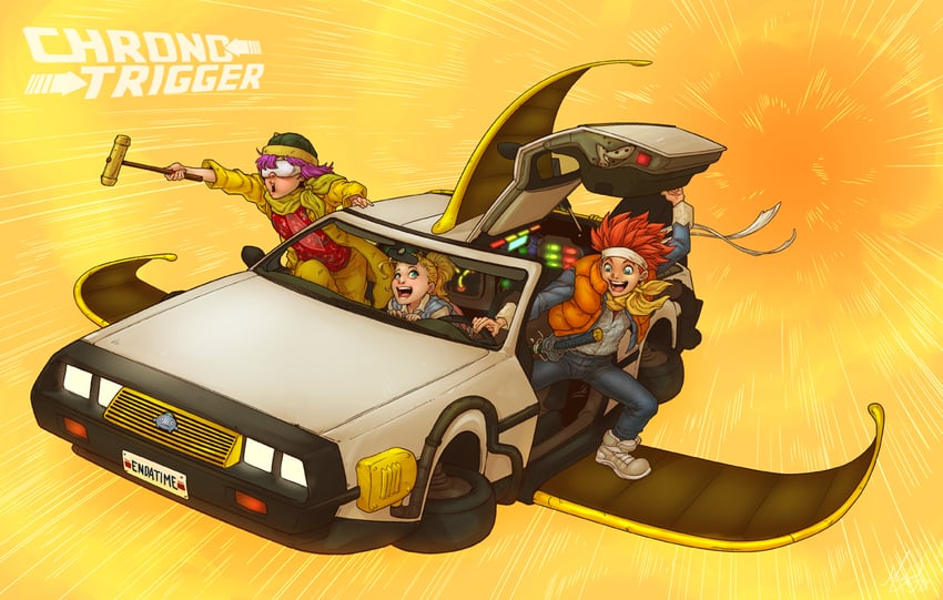 lucca ashtear, crono, marle, marty mcfly, emmett brown, and 2 more (chrono trigger and 1 more) drawn by michael_mayne