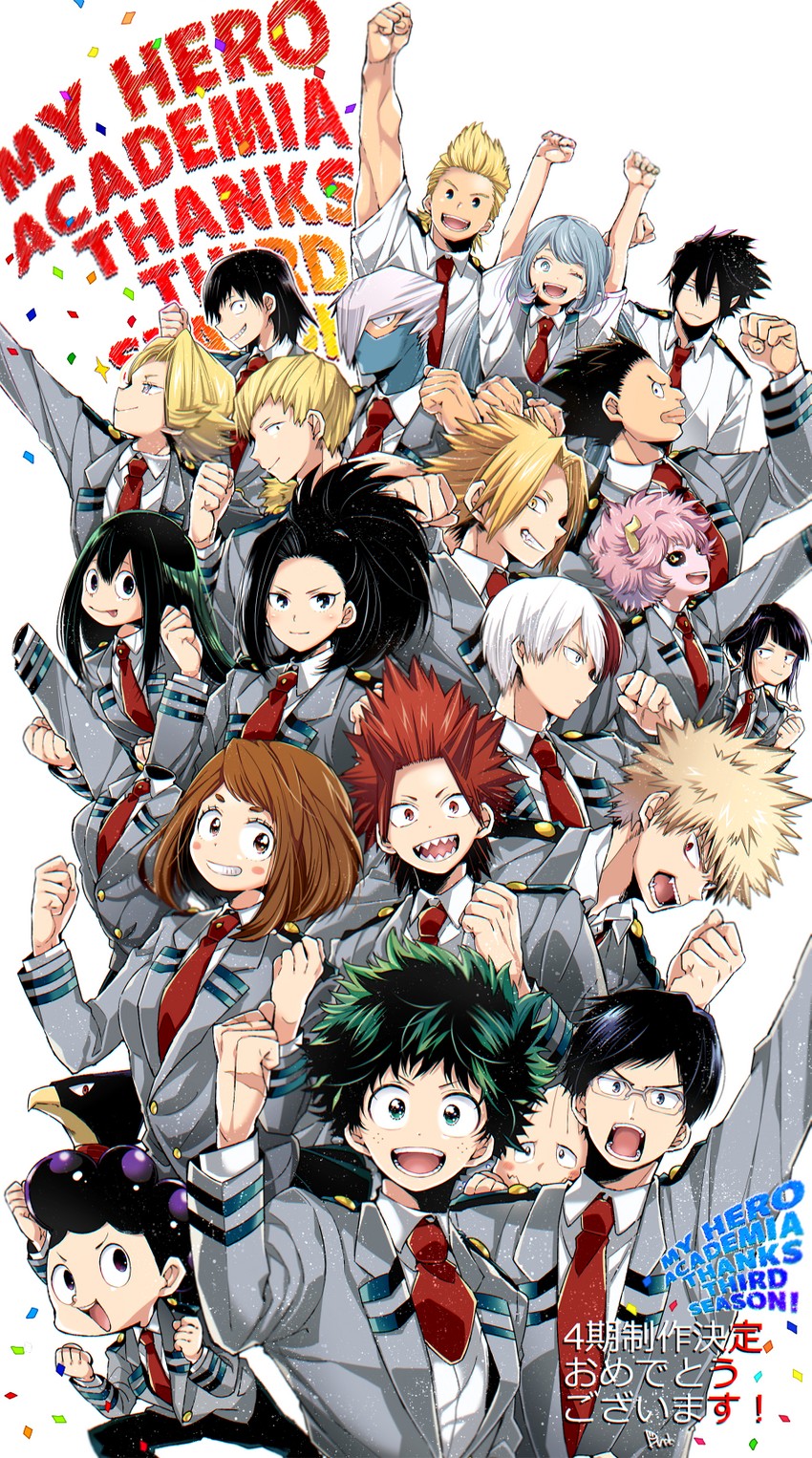 midoriya izuku, bakugou katsuki, uraraka ochaco, todoroki shoto, asui tsuyu, and 18 more (boku no hero academia) drawn by dandel