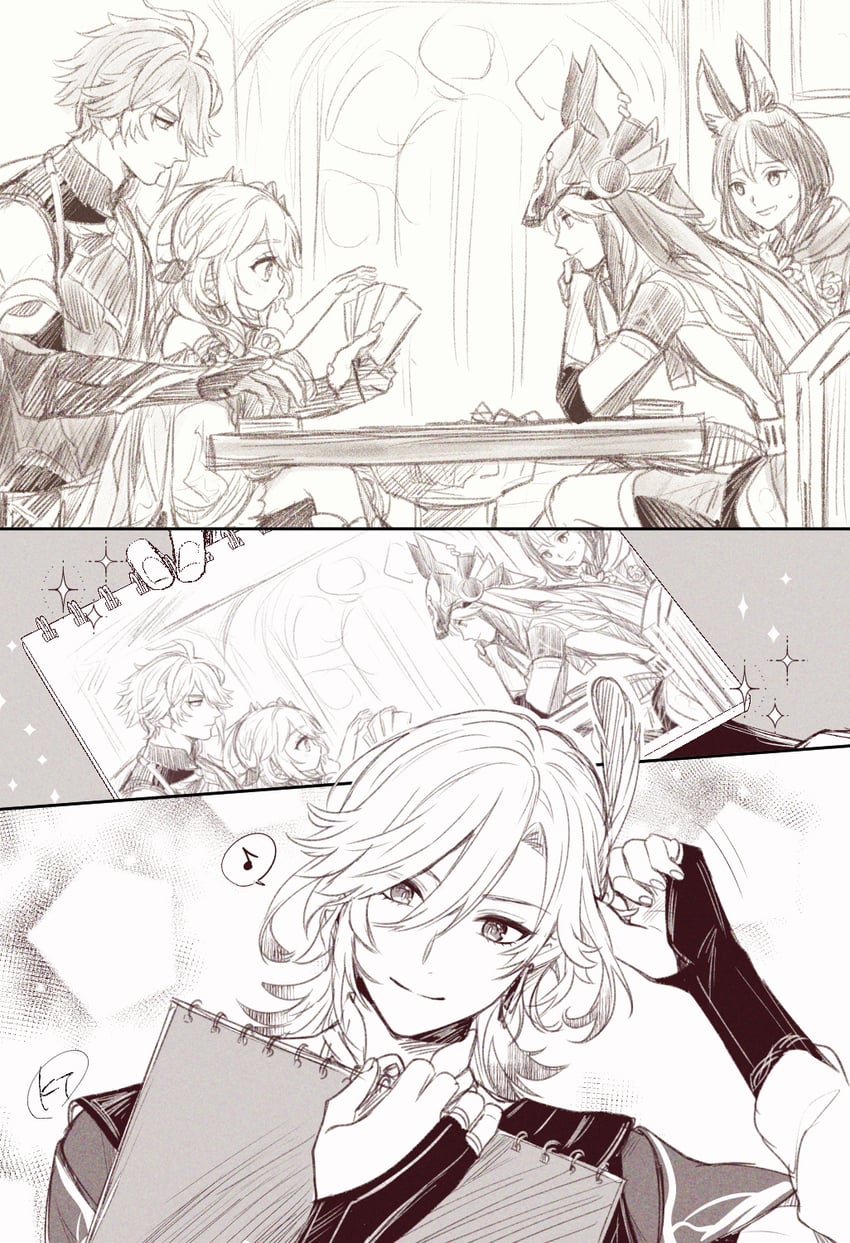 nahida, alhaitham, tighnari, kaveh, and cyno (genshin impact) drawn by tanuki_nishi