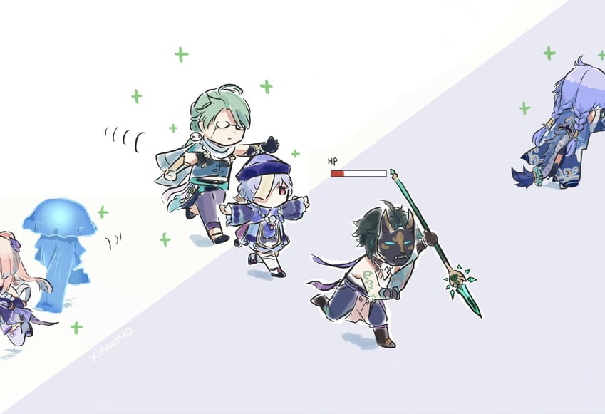 xiao, sangonomiya kokomi, qiqi, bailu, baizhu, and 1 more (genshin impact and 3 more) drawn by xinzoruo