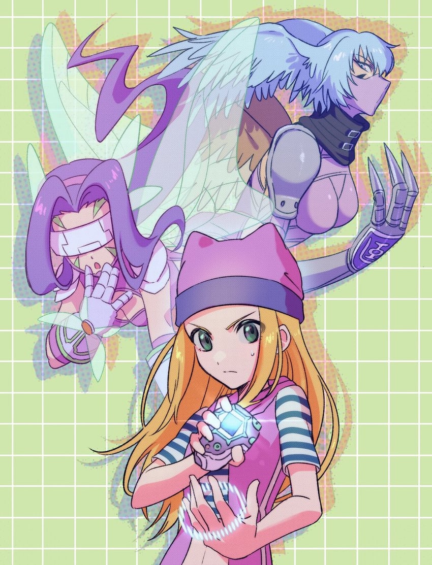 fairimon, shutumon, and orimoto izumi (digimon and 1 more) drawn by ramune_b