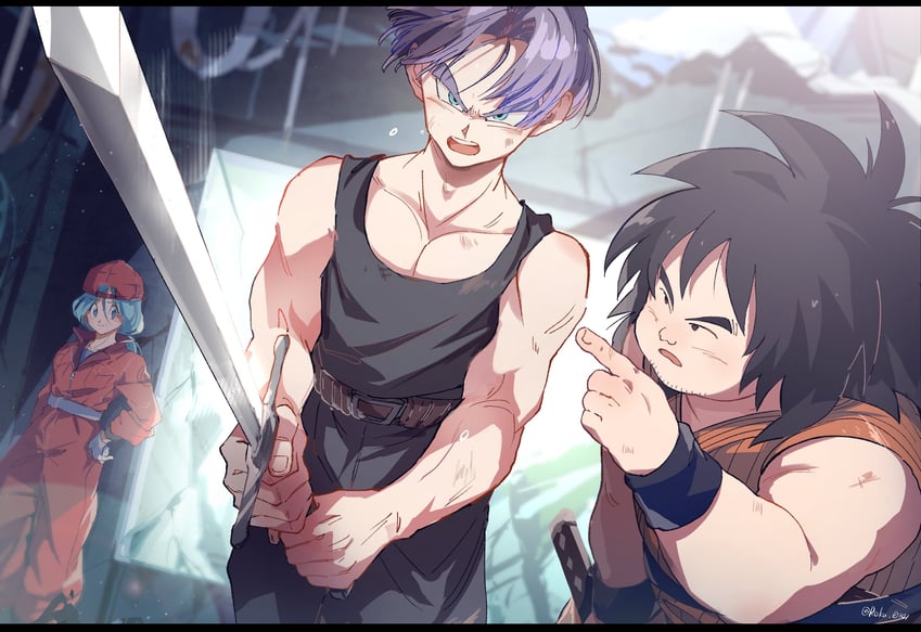bulma, trunks, and yajirobe (dragon ball and 1 more) drawn by roku_(roku_0141)
