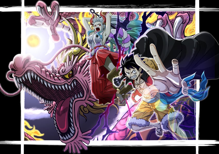 monkey d. luffy, yamato, and kouzuki momonosuke (one piece) drawn by sorairo_(vyky2743)