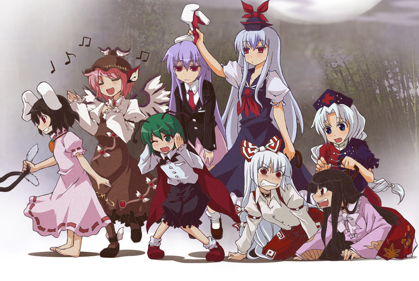 reisen udongein inaba, fujiwara no mokou, kamishirasawa keine, houraisan kaguya, mystia lorelei, and 3 more (touhou and 1 more) drawn by akuto