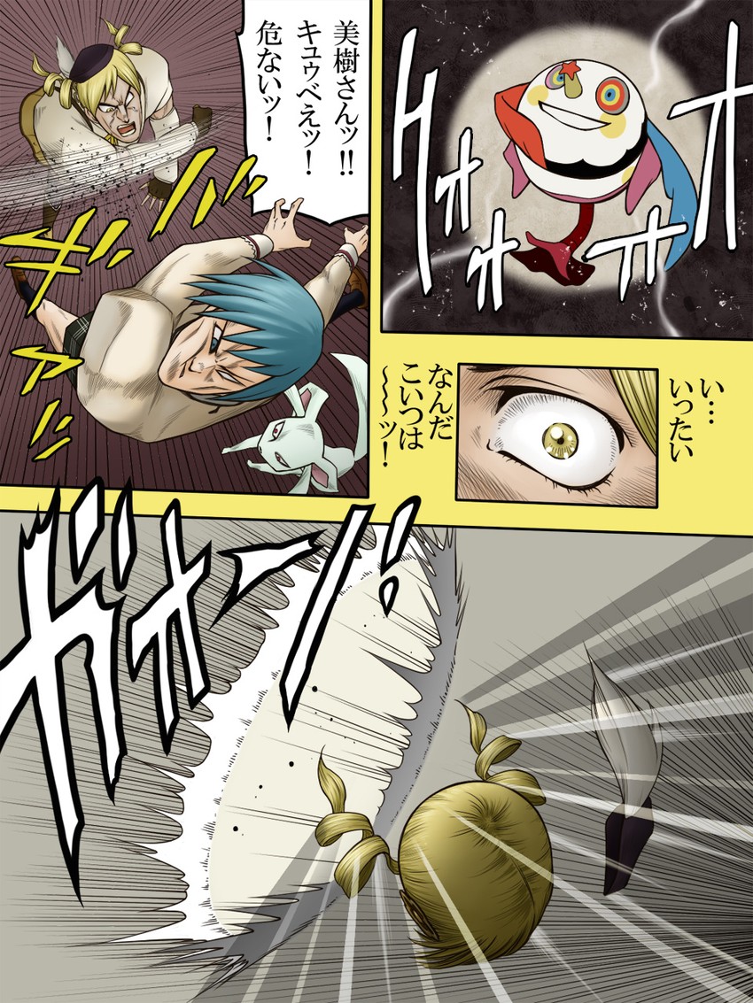 miki sayaka, tomoe mami, kyubey, charlotte, jean pierre polnareff, and 3 more (mahou shoujo madoka magica and 2 more) drawn by hachiya