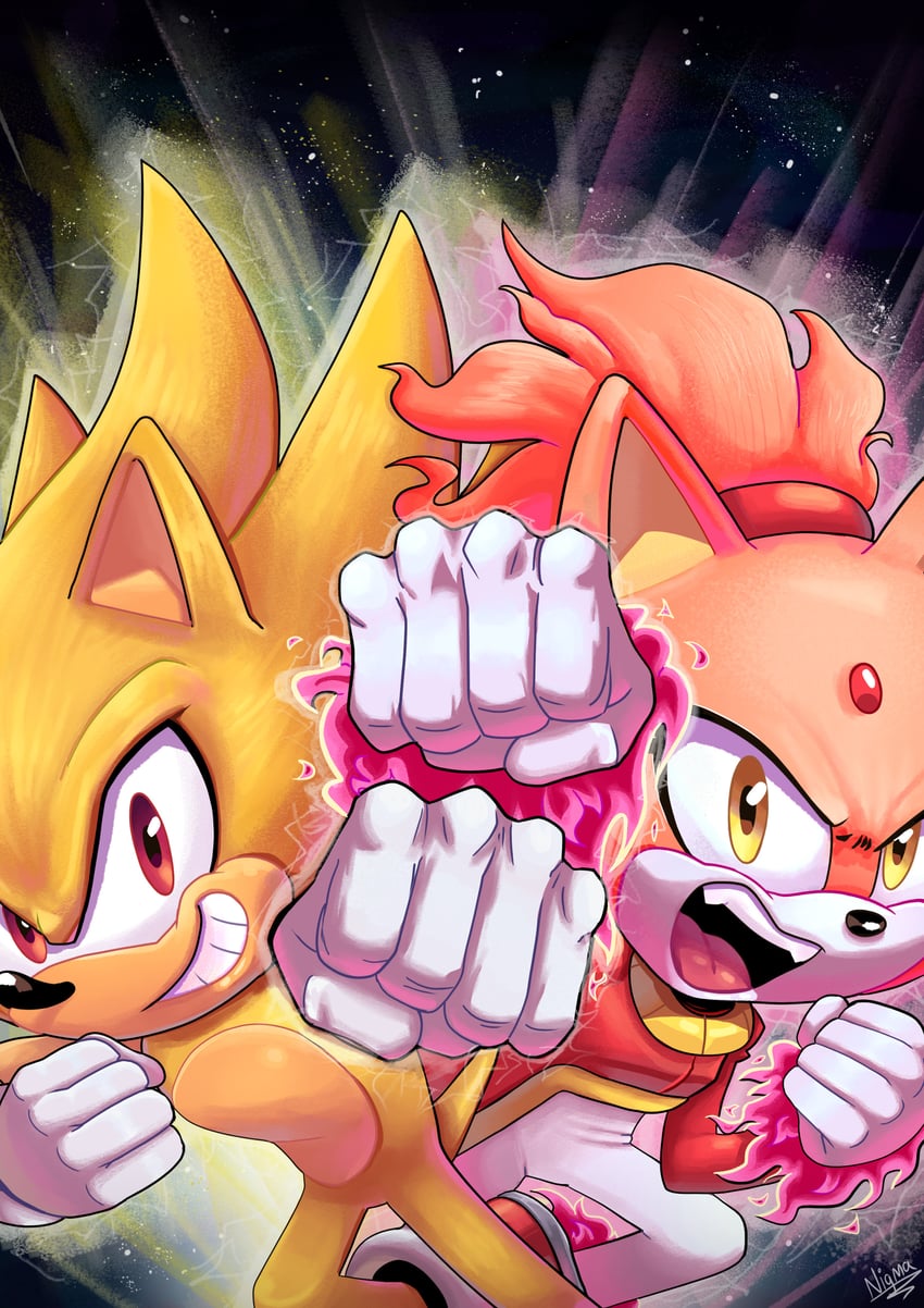 sonic the hedgehog, blaze the cat, super sonic, and burning blaze (sonic and 2 more) drawn by nigmafrankie
