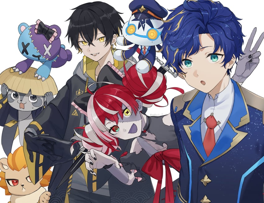 kureiji ollie, astel leda, udin, yatogami fuma, poruneu, and 2 more (hololive and 2 more) drawn by rozu_ki
