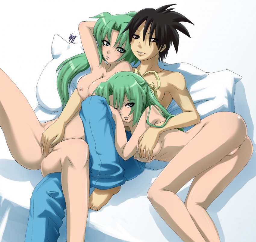 sonozaki mion, sonozaki shion, and maebara keiichi (higurashi no naku koro ni)