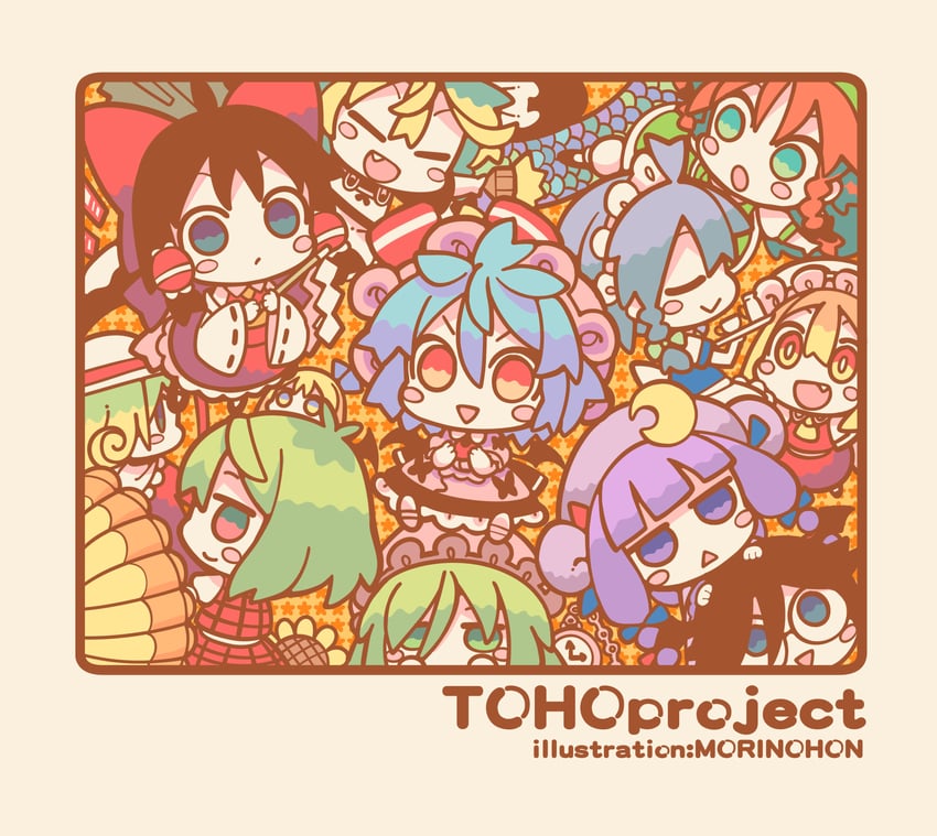 hakurei reimu, kirisame marisa, remilia scarlet, flandre scarlet, izayoi sakuya, and 7 more (touhou) drawn by morino_hon