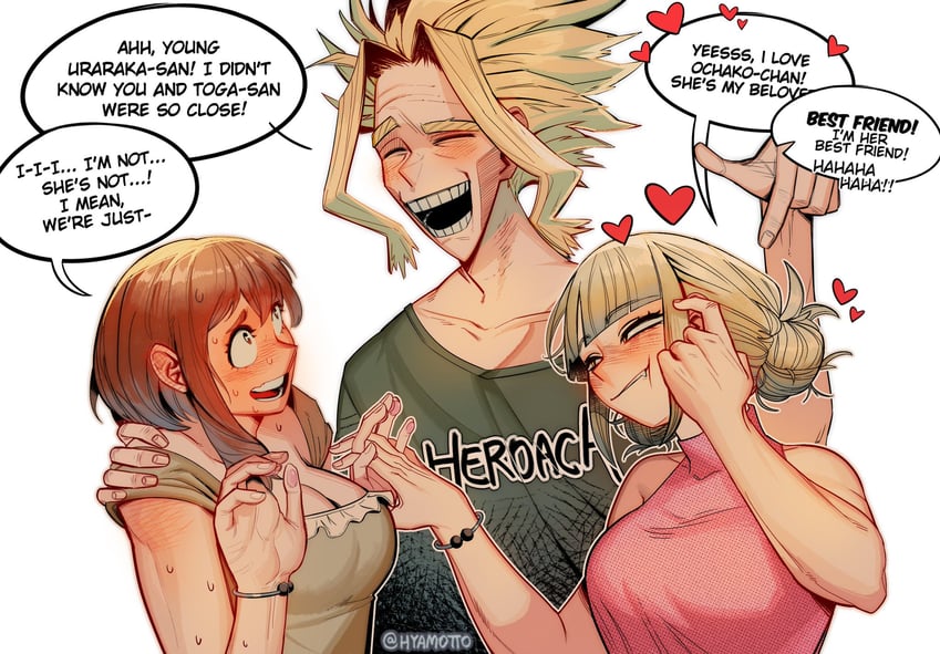 uraraka ochaco, toga himiko, and yagi toshinori (boku no hero academia) drawn by hyamotto