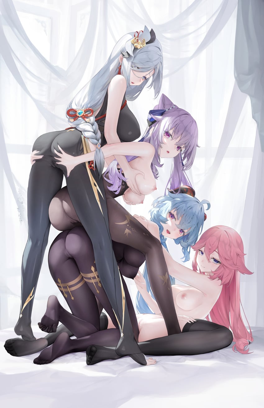 ganyu, yae miko, keqing, and shenhe (genshin impact) drawn by haku89
