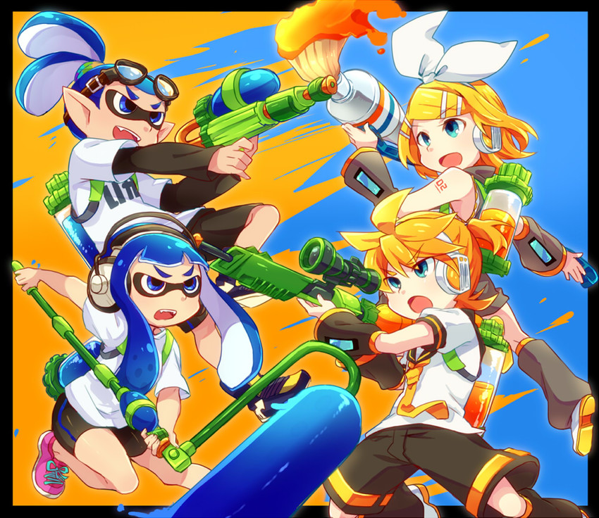 kagamine rin, kagamine len, inkling player character, inkling girl, inkling boy, and 2 more (vocaloid and 2 more) drawn by reki_(arequa)
