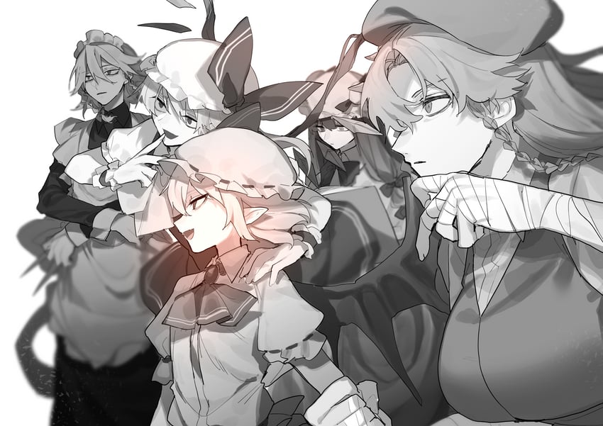 remilia scarlet, flandre scarlet, izayoi sakuya, patchouli knowledge, and hong meiling (touhou) drawn by fuuga_(perv_rsity)