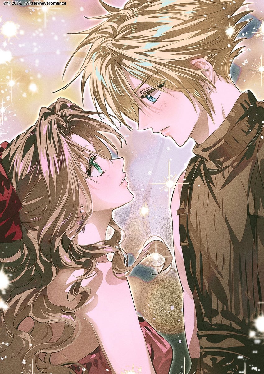 cloud strife and aerith gainsborough (final fantasy and 2 more) drawn by neveromance