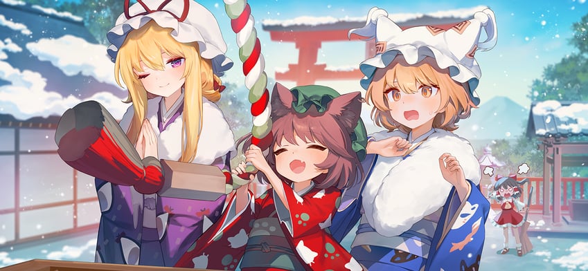 hakurei reimu, yakumo yukari, yakumo ran, and chen (touhou and 1 more) drawn by ainy