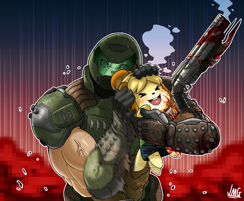 isabelle, doomguy, cioccolata, and secco (jojo no kimyou na bouken and 4 more) drawn by jmg