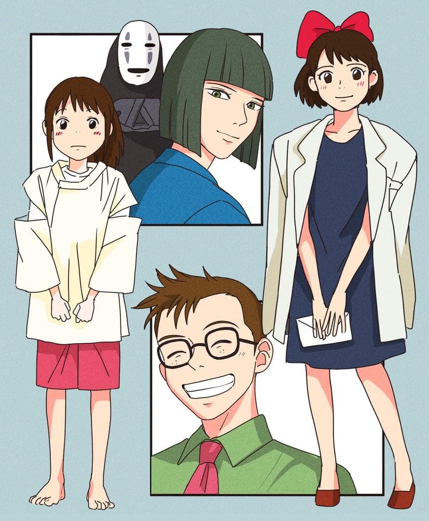 kiki, ogino chihiro, haku, kaonashi, and tombo (studio ghibli and 2 more) drawn by rikaco1988