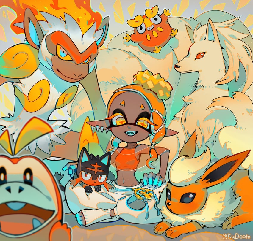flareon, fuecoco, litten, frye, ninetales, and 2 more (pokemon and 2 more) drawn by kudoom