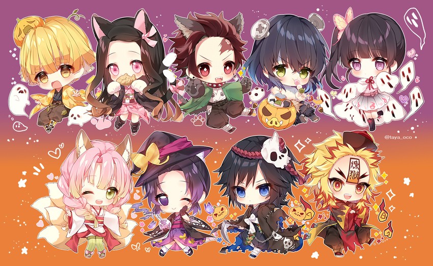 kamado nezuko, kochou shinobu, kanroji mitsuri, kamado tanjirou, rengoku kyoujurou, and 4 more (kimetsu no yaiba) drawn by taya_oco