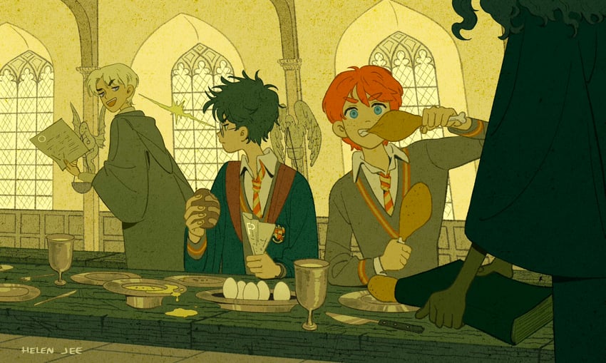 hermione granger, harry potter, ron weasley, and draco malfoy (wizarding world and 1 more) drawn by helen_jee