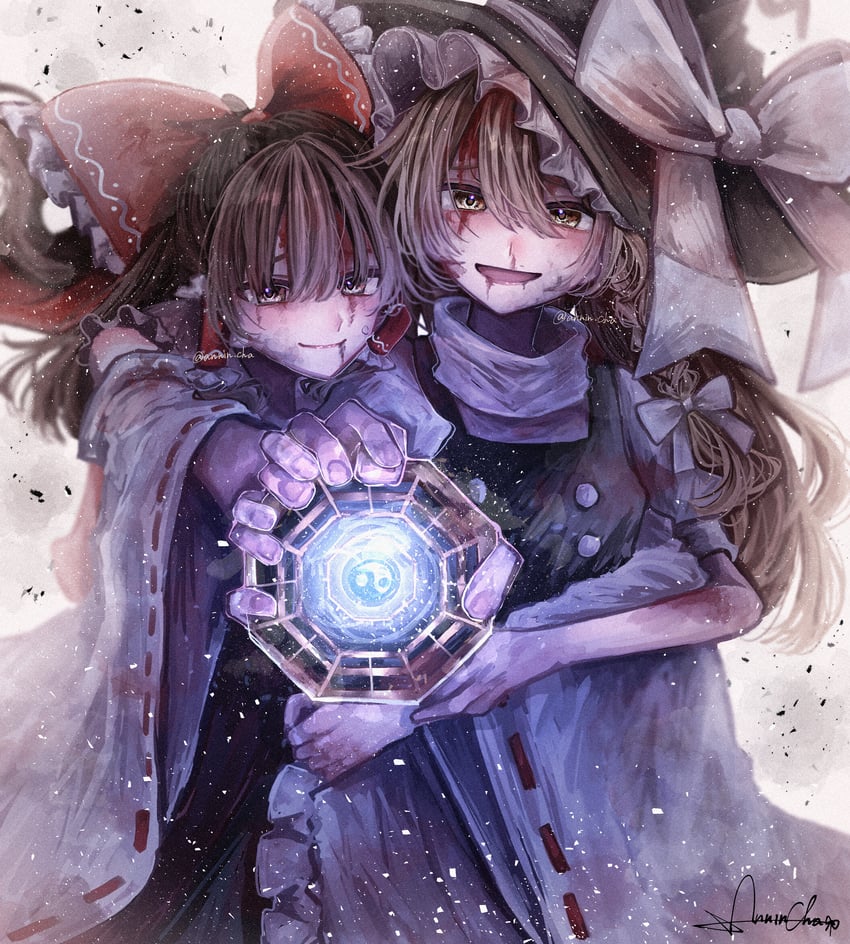 hakurei reimu and kirisame marisa (touhou) drawn by annin_cha