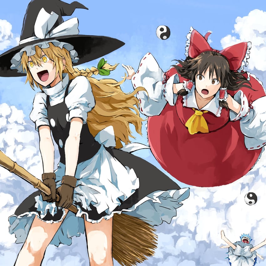 hakurei reimu, kirisame marisa, and cirno (touhou) drawn by pageratta