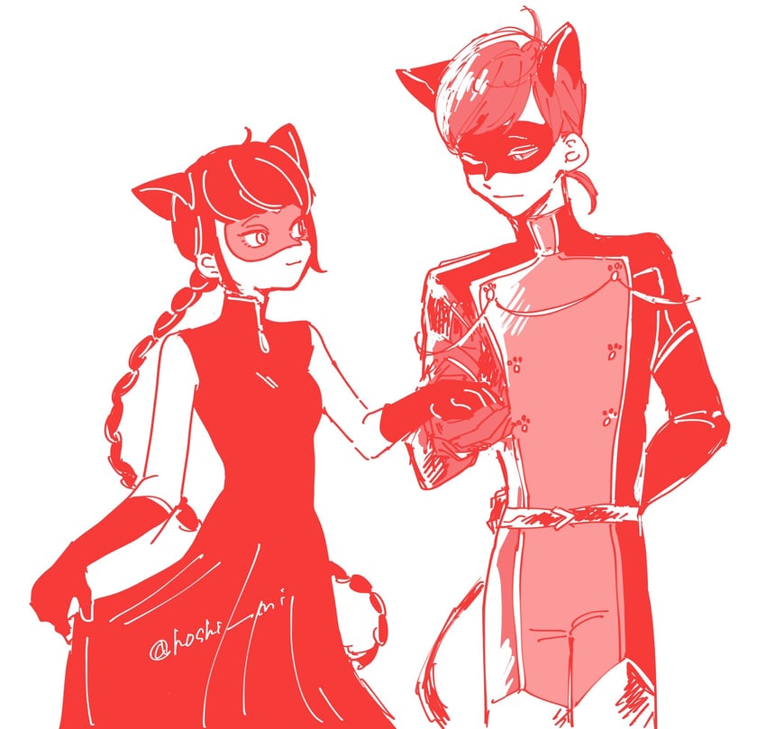 marinette dupain-cheng, adrien agreste, and chat walker (miraculous ladybug) drawn by hoshi_mi