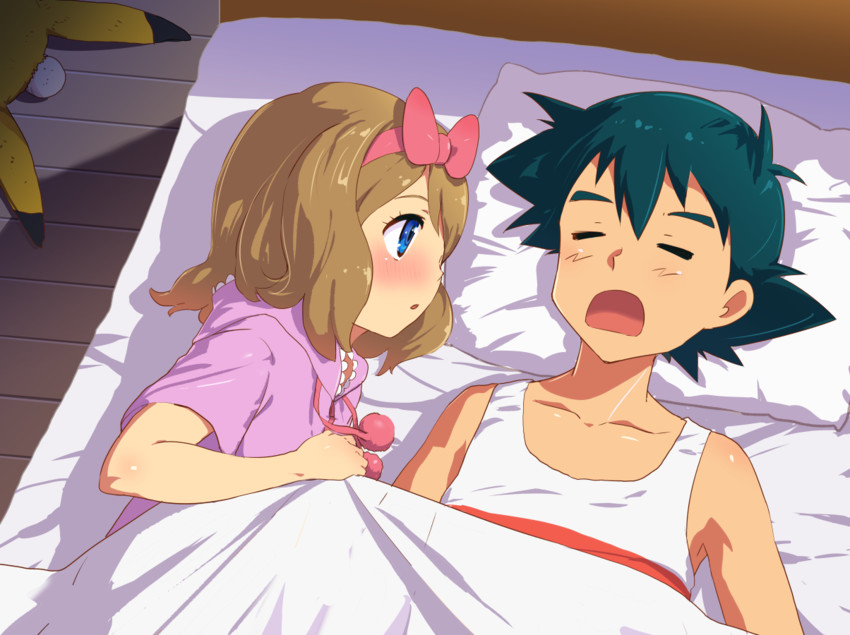 pikachu, ash ketchum, and serena (pokemon and 1 more) drawn by mushi_gyouza