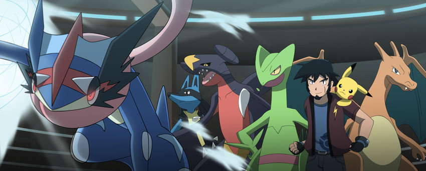 pikachu, ash ketchum, charizard, lucario, garchomp, and 3 more (pokemon) drawn by all0412