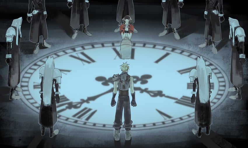 cloud strife, aerith gainsborough, and sephiroth (final fantasy and 3 more) drawn by lentymet