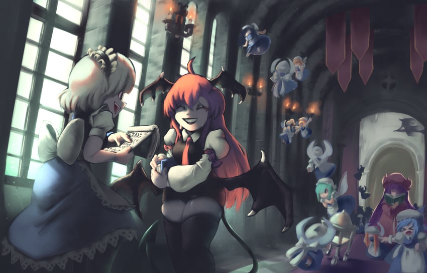 kirisame marisa, izayoi sakuya, patchouli knowledge, koakuma, and fairy maid (touhou) drawn by namenloose