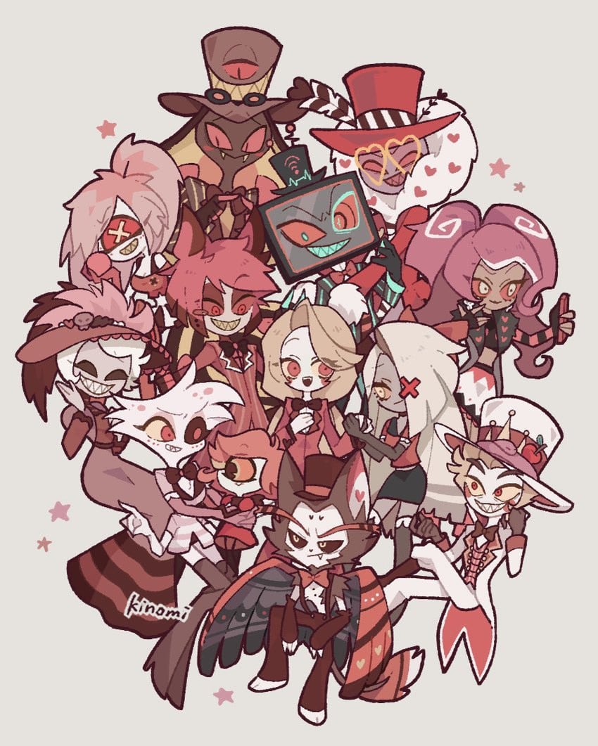 lucifer morningstar, charlie morningstar, alastor, valentino, vaggie, and 8 more (hazbin hotel) drawn by kinomi_desu