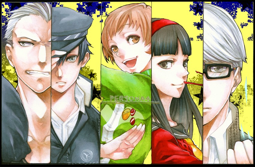 narukami yu, shirogane naoto, satonaka chie, amagi yukiko, and tatsumi kanji (persona and 1 more) drawn by noppo
