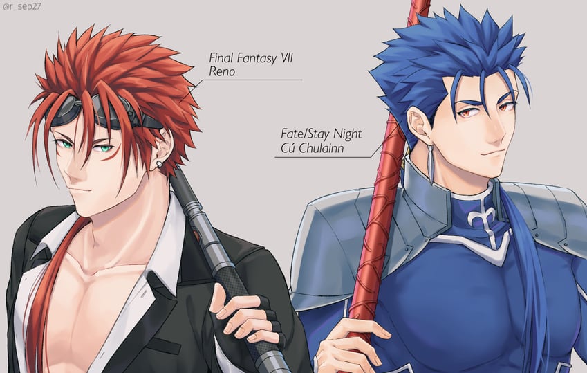 cu chulainn and reno (fate and 4 more) drawn by ruuto_(ruto3)