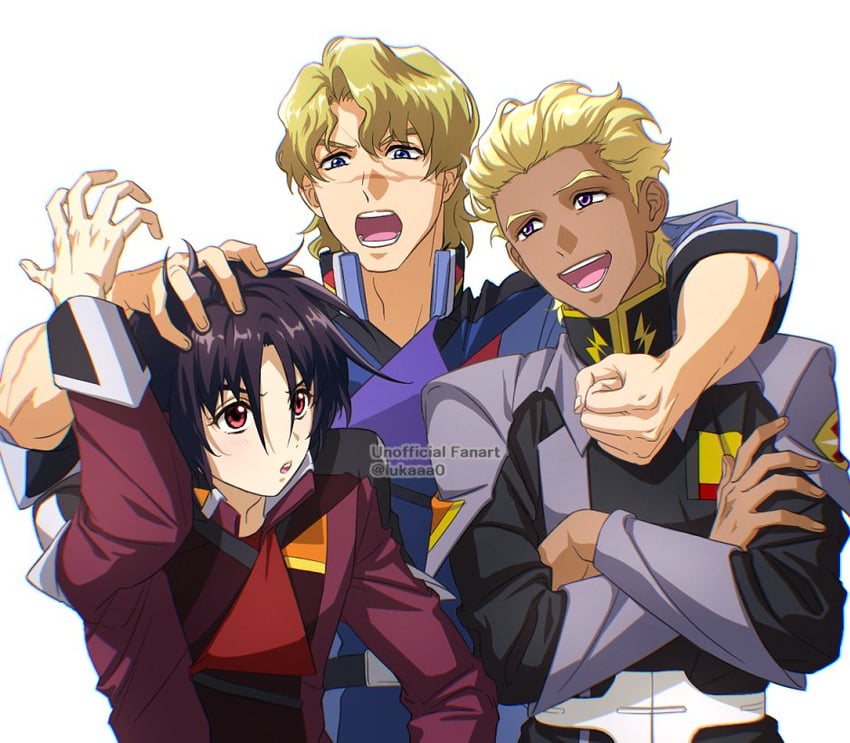 shinn asuka, dearka elsman, and mu la flaga (gundam and 2 more) drawn by lukaaa