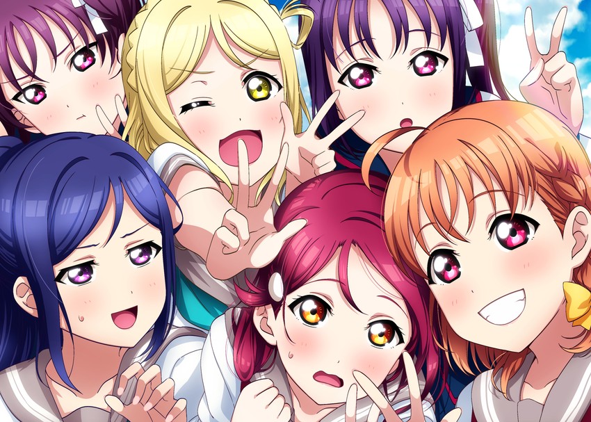 sakurauchi riko, takami chika, matsuura kanan, ohara mari, kazuno sarah, and 1 more (love live! and 1 more) drawn by kougi_hiroshi