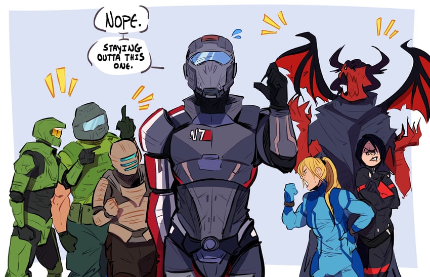 samus aran, elster, doomguy, master chief, commander shepard, and 2 more (metroid and 6 more) drawn by narklos