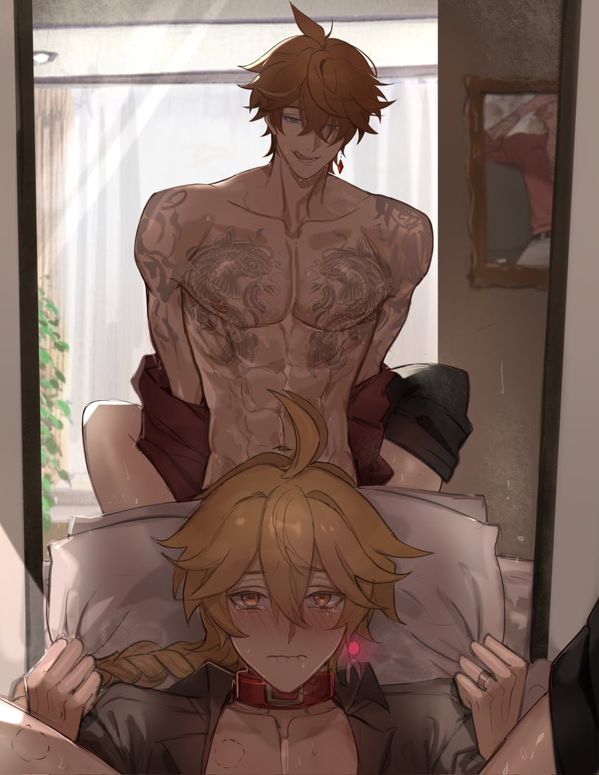 aether and tartaglia (genshin impact) drawn by haze_(ha_ze)