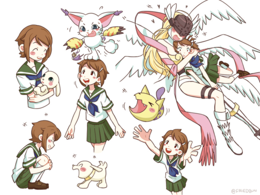 angewomon, yagami hikari, tailmon, plotmon, and nyaromon (digimon and 1 more) drawn by friedbun