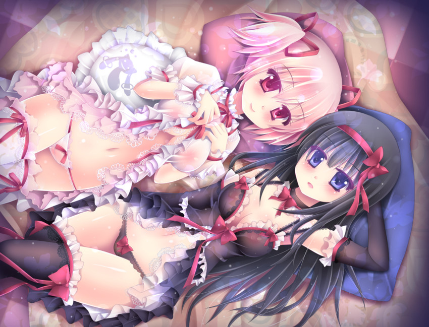 akemi homura, kaname madoka, and kyubey (mahou shoujo madoka magica) drawn by skf