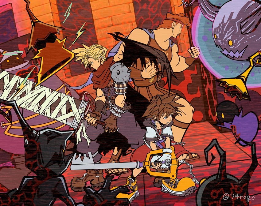 cloud strife, sora, hercules, shadow, large body, and 4 more (final fantasy and 4 more) drawn by 74nogo